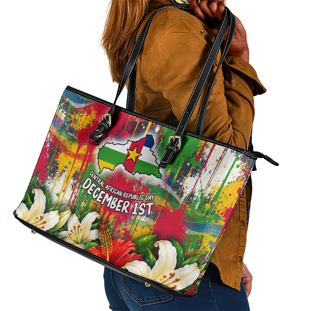 Central African Republic Day Leather Tote Bag Elephant Colorful Paint Splatter Map Tropical Flowers