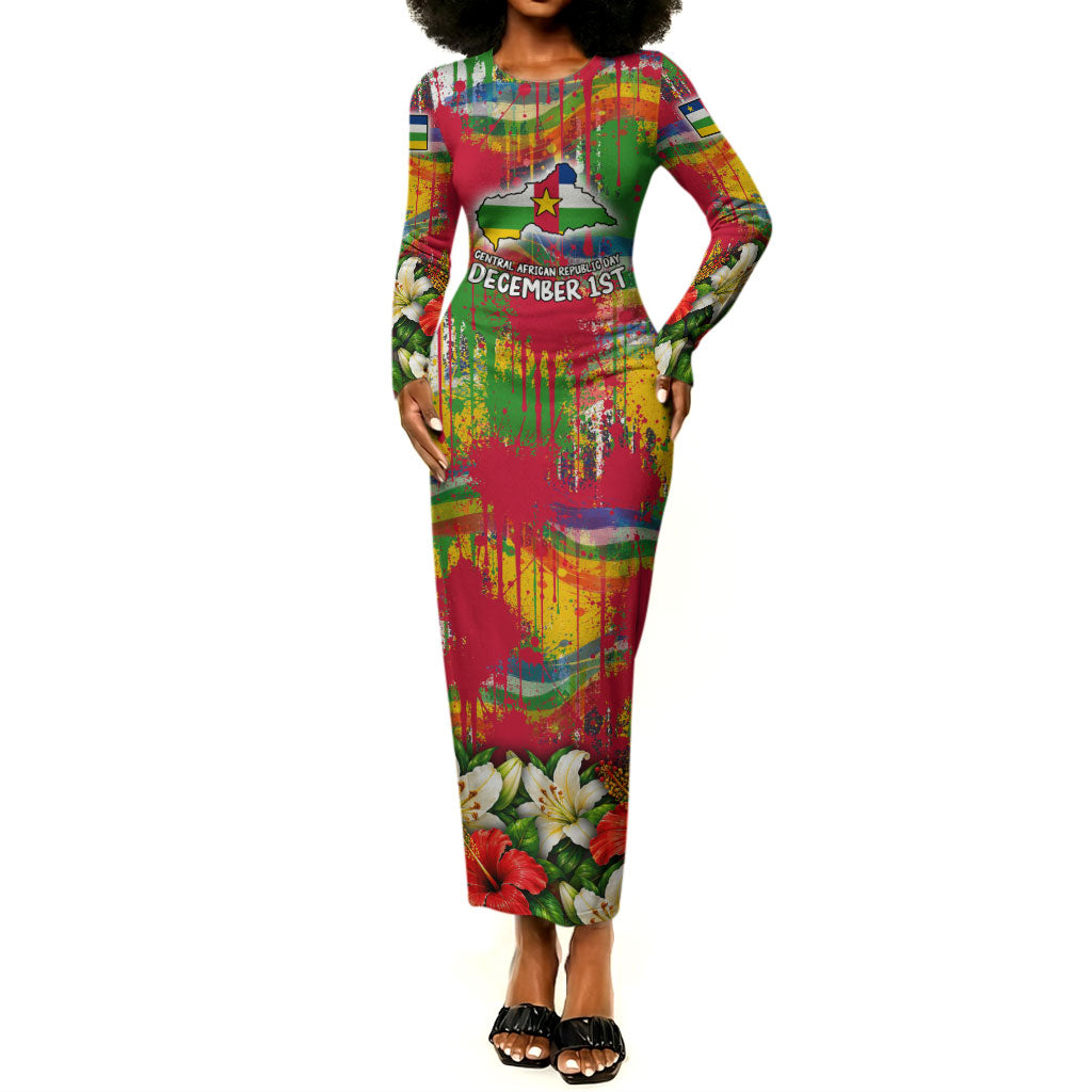 Central African Republic Day Long Sleeve Bodycon Dress Elephant Colorful Paint Splatter Map Tropical Flowers