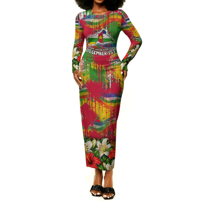 Central African Republic Day Long Sleeve Bodycon Dress Elephant Colorful Paint Splatter Map Tropical Flowers