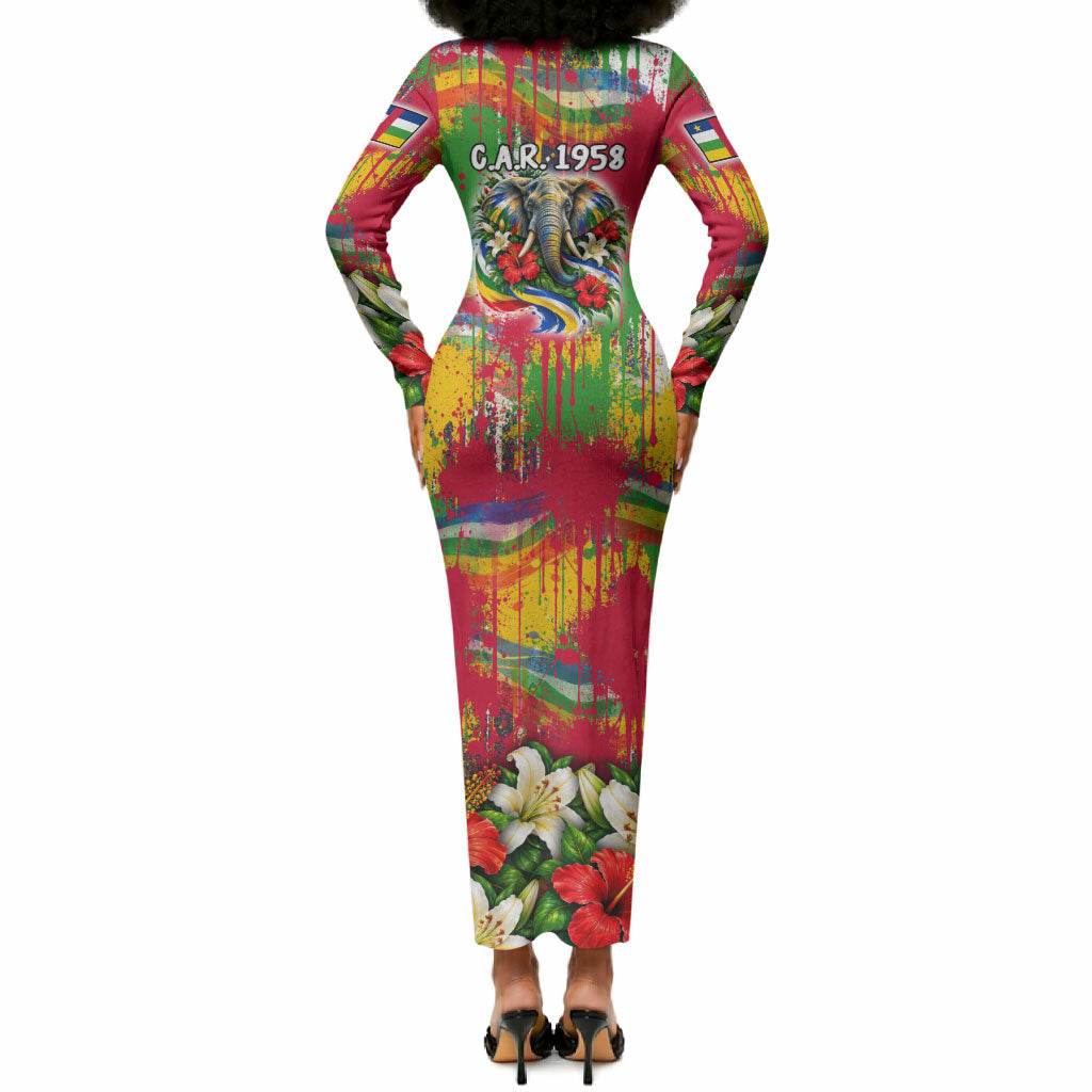 Central African Republic Day Long Sleeve Bodycon Dress Elephant Colorful Paint Splatter Map Tropical Flowers