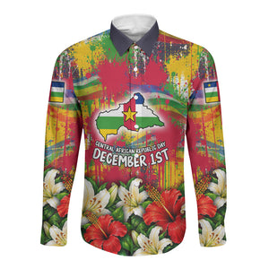 Central African Republic Day Long Sleeve Button Shirt Elephant Colorful Paint Splatter Map Tropical Flowers