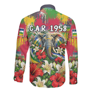 Central African Republic Day Long Sleeve Button Shirt Elephant Colorful Paint Splatter Map Tropical Flowers