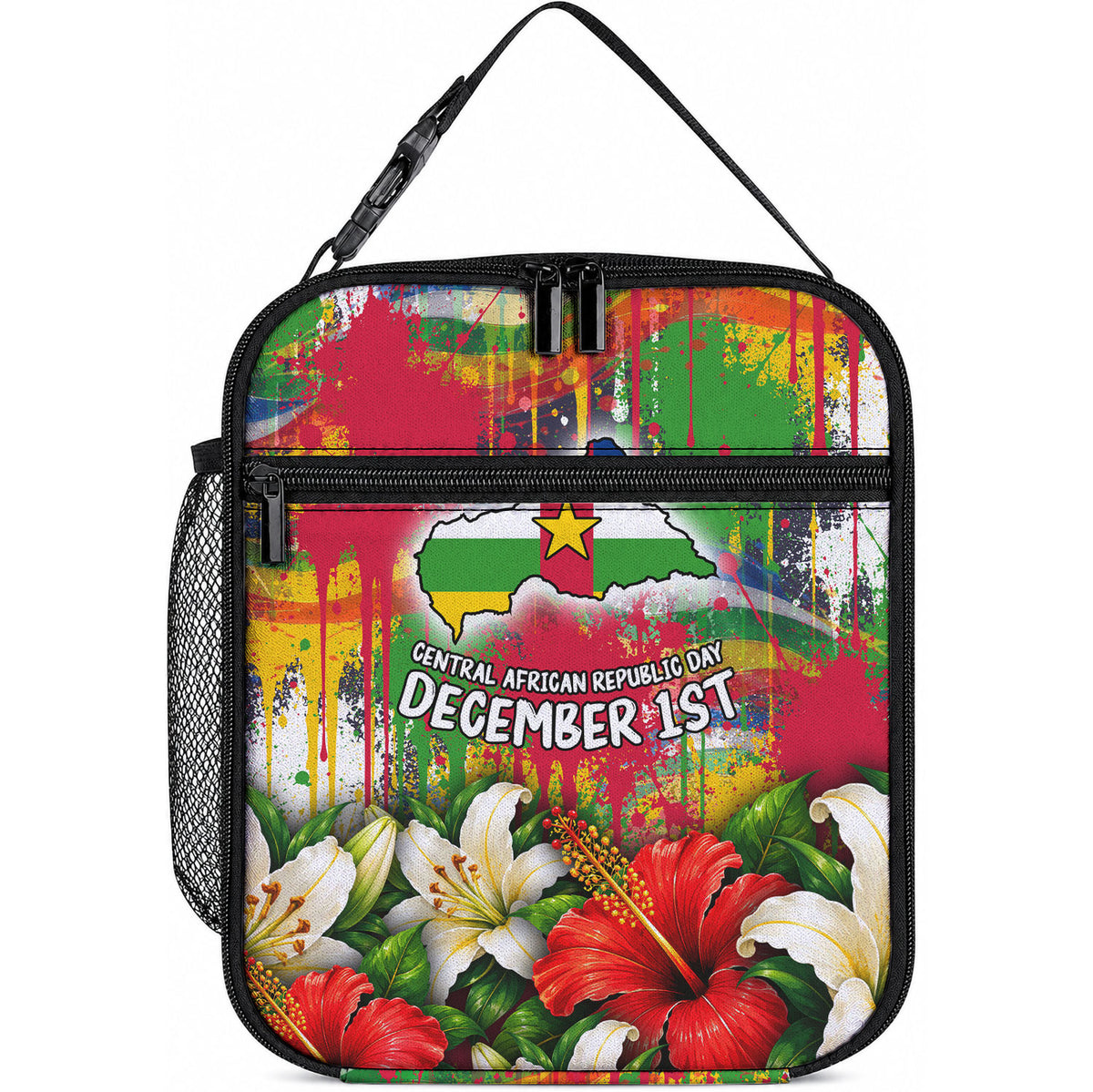 Central African Republic Day Lunch Bag Elephant Colorful Paint Splatter Map Tropical Flowers
