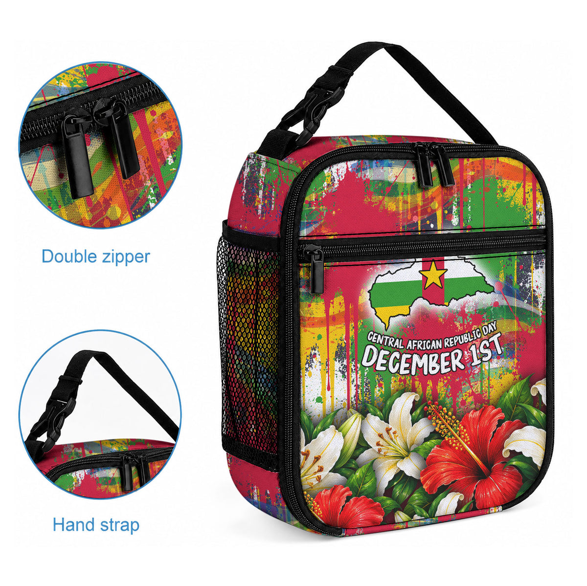 Central African Republic Day Lunch Bag Elephant Colorful Paint Splatter Map Tropical Flowers