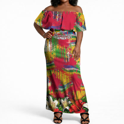 Central African Republic Day Off Shoulder Maxi Dress Elephant Colorful Paint Splatter Map Tropical Flowers