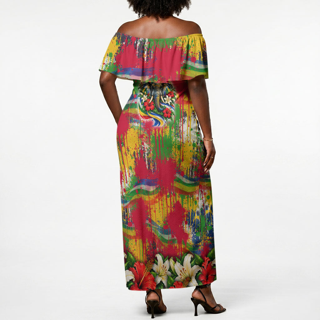 Central African Republic Day Off Shoulder Maxi Dress Elephant Colorful Paint Splatter Map Tropical Flowers