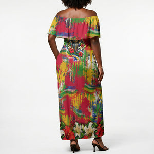 Central African Republic Day Off Shoulder Maxi Dress Elephant Colorful Paint Splatter Map Tropical Flowers