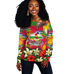 Central African Republic Day Off Shoulder Sweater Elephant Colorful Paint Splatter Map Tropical Flowers