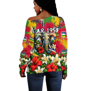 Central African Republic Day Off Shoulder Sweater Elephant Colorful Paint Splatter Map Tropical Flowers