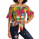 Central African Republic Day Off Shoulder Wrap Waist Top Elephant Colorful Paint Splatter Map Tropical Flowers