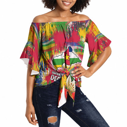 Central African Republic Day Off Shoulder Wrap Waist Top Elephant Colorful Paint Splatter Map Tropical Flowers