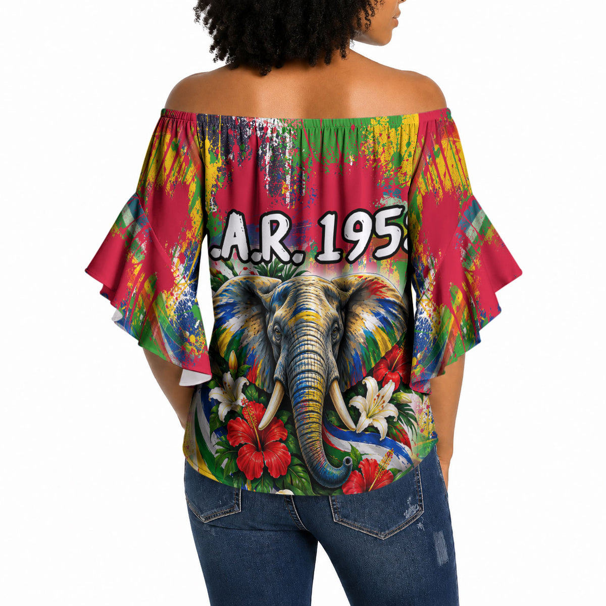 Central African Republic Day Off Shoulder Wrap Waist Top Elephant Colorful Paint Splatter Map Tropical Flowers