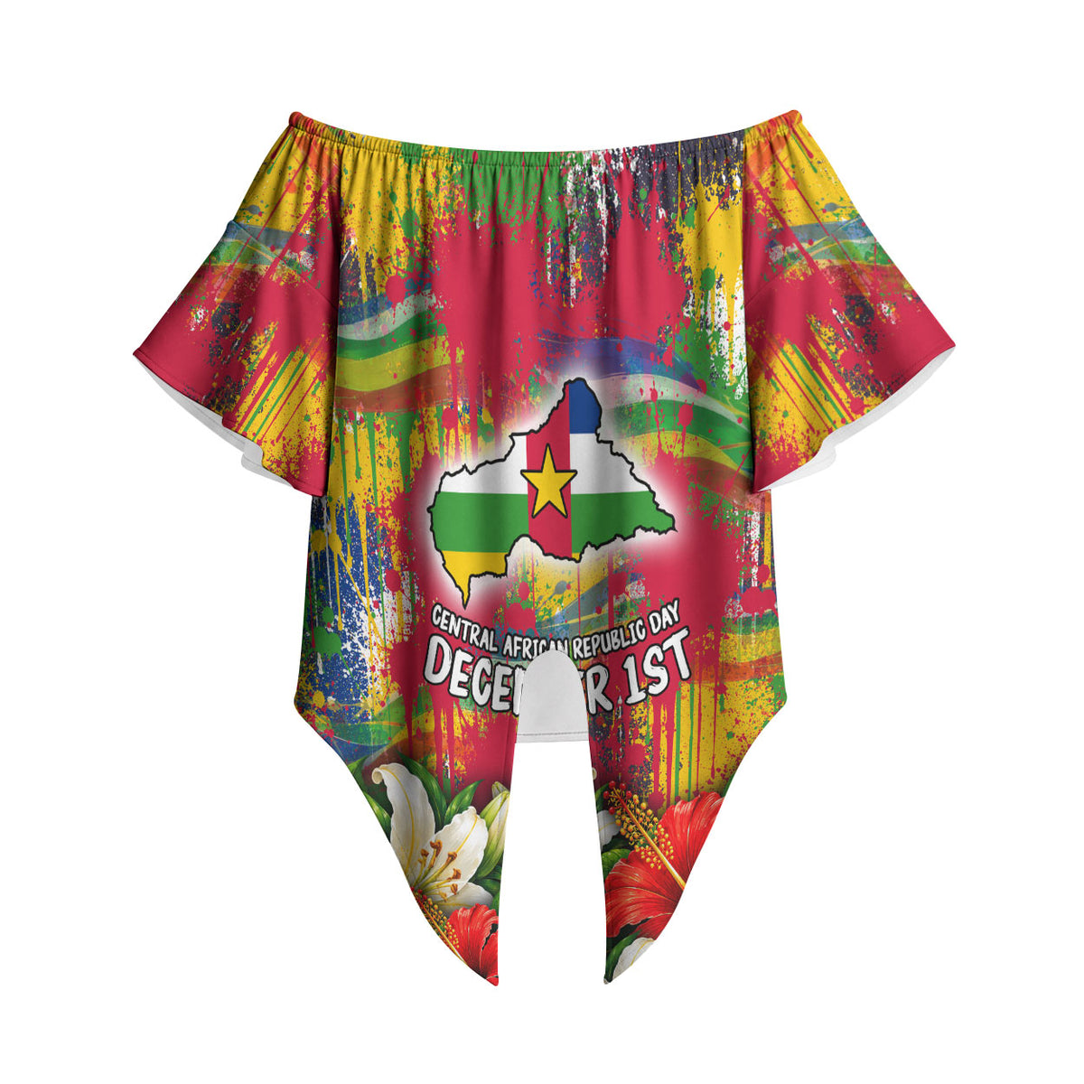 Central African Republic Day Off Shoulder Wrap Waist Top Elephant Colorful Paint Splatter Map Tropical Flowers
