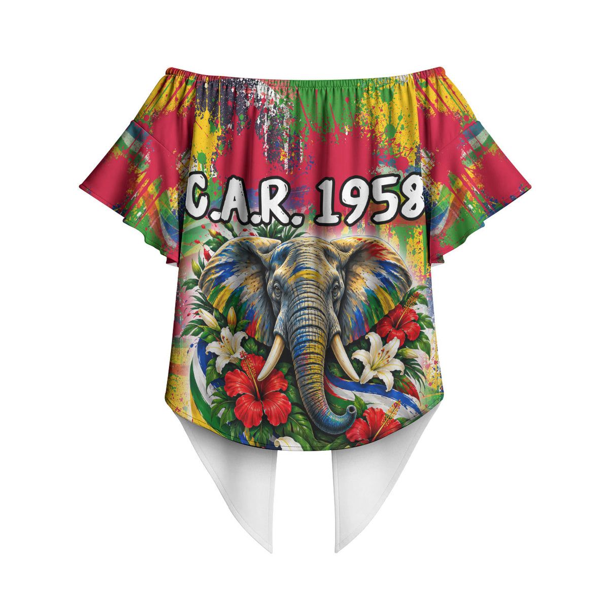 Central African Republic Day Off Shoulder Wrap Waist Top Elephant Colorful Paint Splatter Map Tropical Flowers