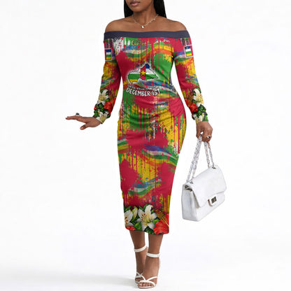 Central African Republic Day Off The Shoulder Long Sleeve Dress Elephant Colorful Paint Splatter Map Tropical Flowers