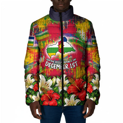 Central African Republic Day Padded Jacket Elephant Colorful Paint Splatter Map Tropical Flowers