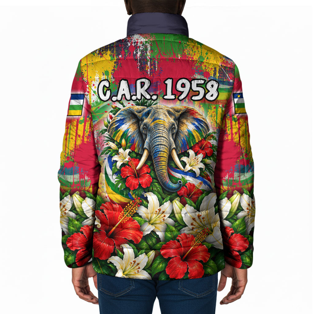 Central African Republic Day Padded Jacket Elephant Colorful Paint Splatter Map Tropical Flowers