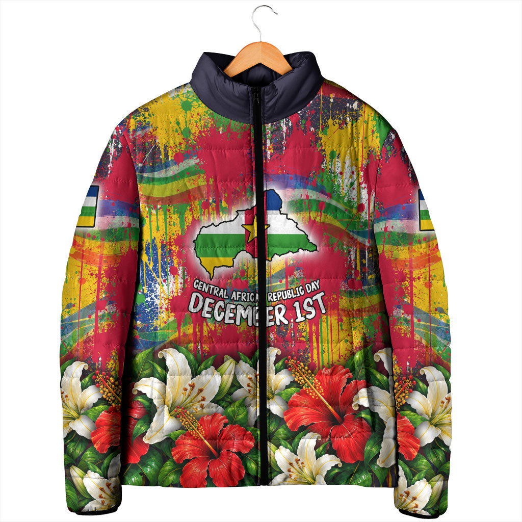 Central African Republic Day Padded Jacket Elephant Colorful Paint Splatter Map Tropical Flowers