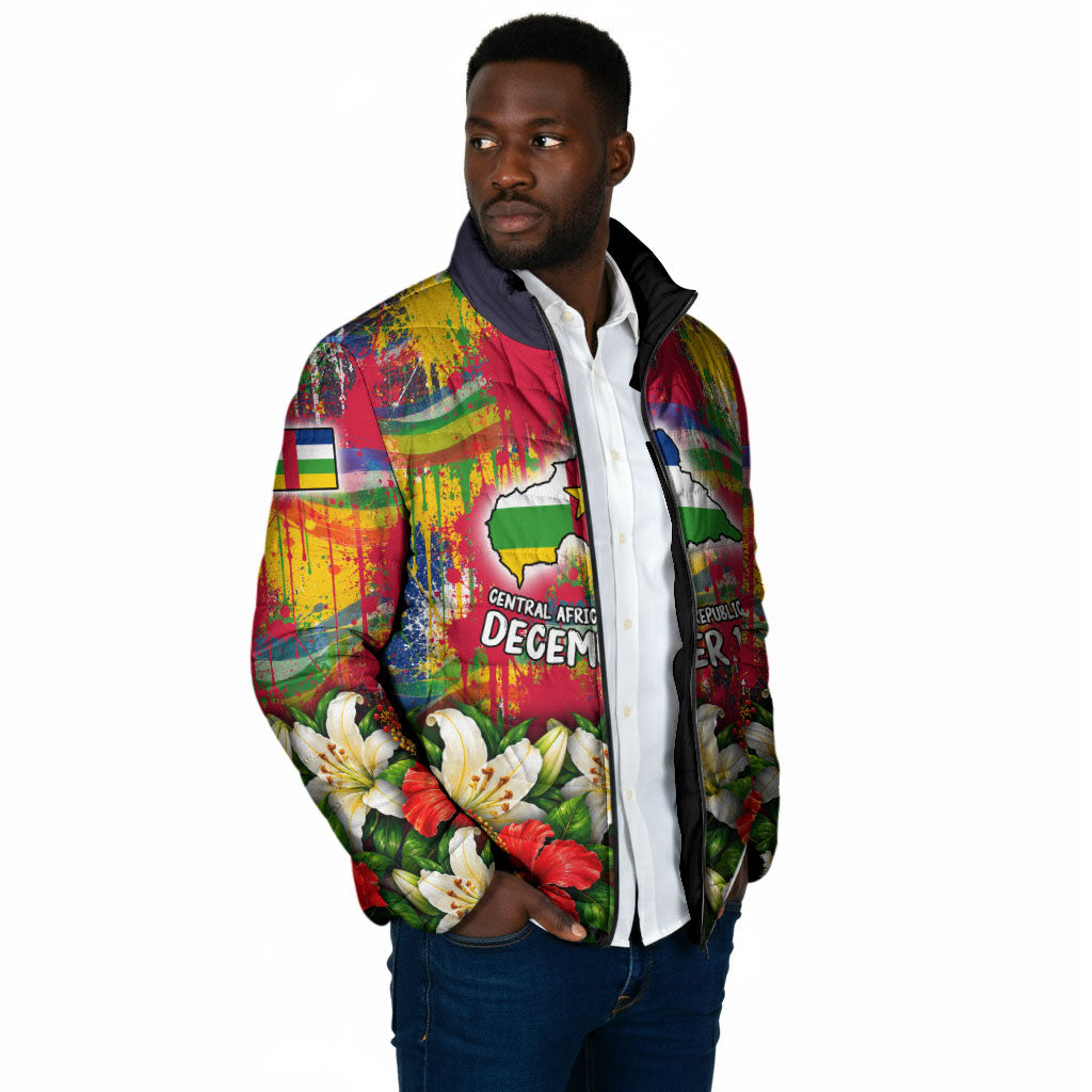 Central African Republic Day Padded Jacket Elephant Colorful Paint Splatter Map Tropical Flowers