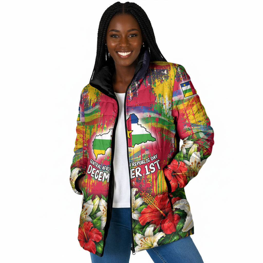 Central African Republic Day Padded Jacket Elephant Colorful Paint Splatter Map Tropical Flowers