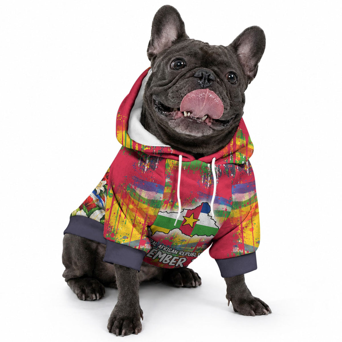 Central African Republic Day Pet Hoodie Elephant Colorful Paint Splatter Map Tropical Flowers