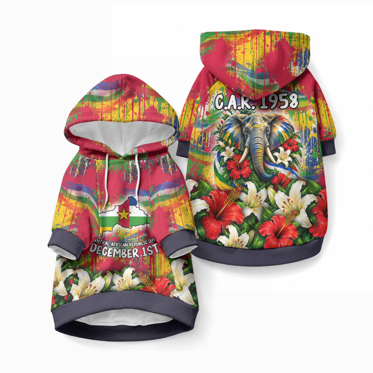 Central African Republic Day Pet Hoodie Elephant Colorful Paint Splatter Map Tropical Flowers