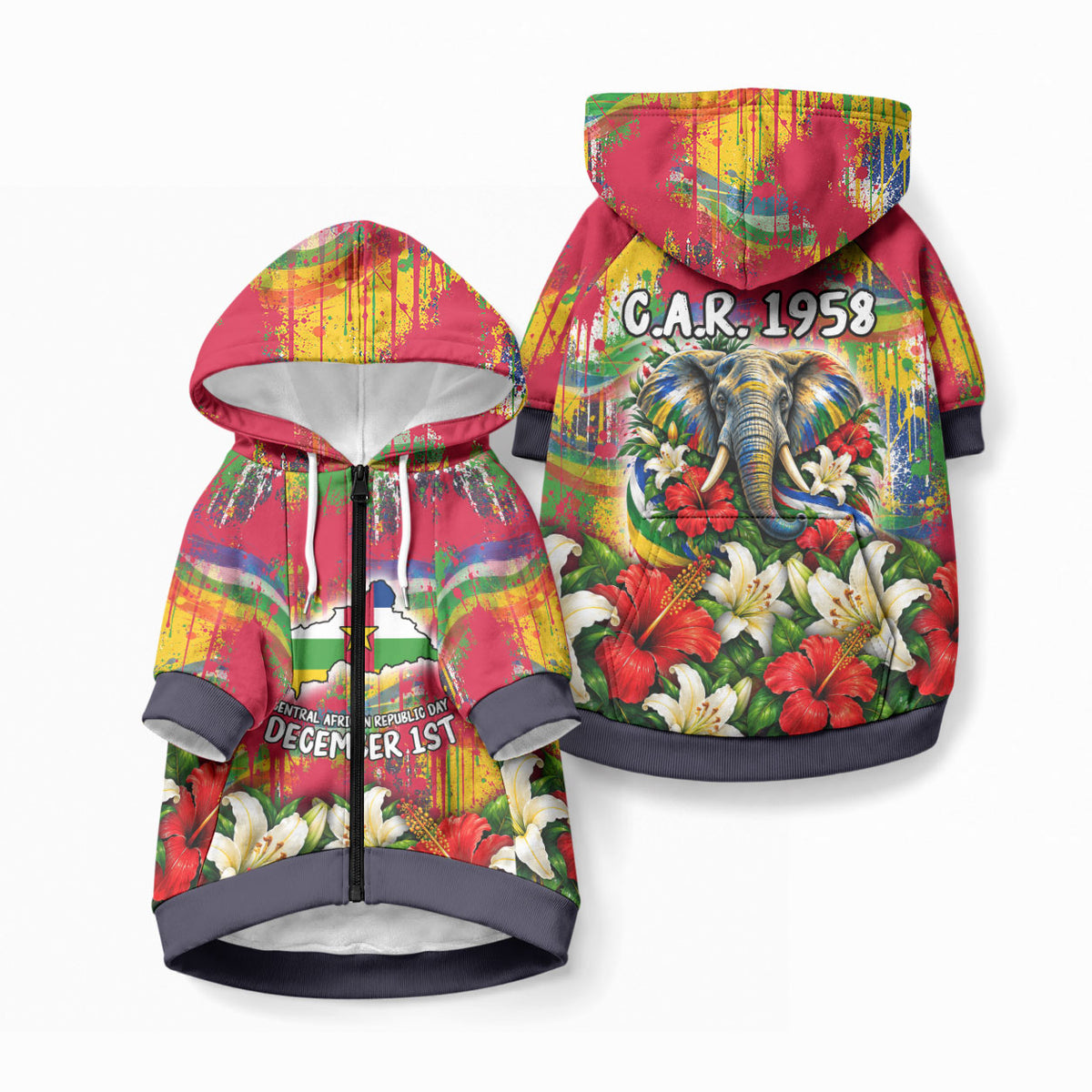 Central African Republic Day Pet Hoodie Elephant Colorful Paint Splatter Map Tropical Flowers