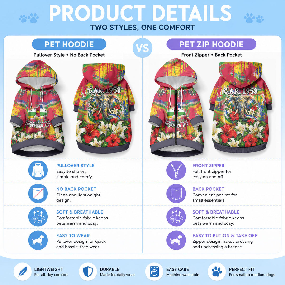 Central African Republic Day Pet Hoodie Elephant Colorful Paint Splatter Map Tropical Flowers