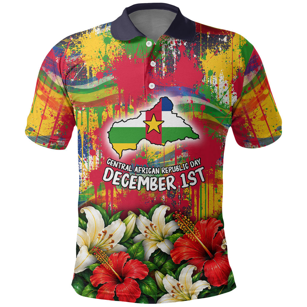 Central African Republic Day Polo Shirt Elephant Colorful Paint Splatter Map Tropical Flowers