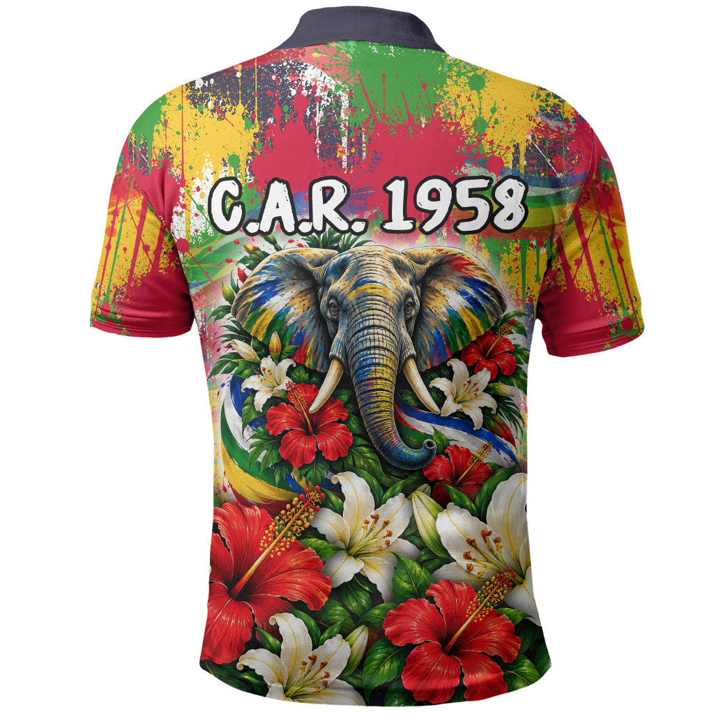 Central African Republic Day Polo Shirt Elephant Colorful Paint Splatter Map Tropical Flowers