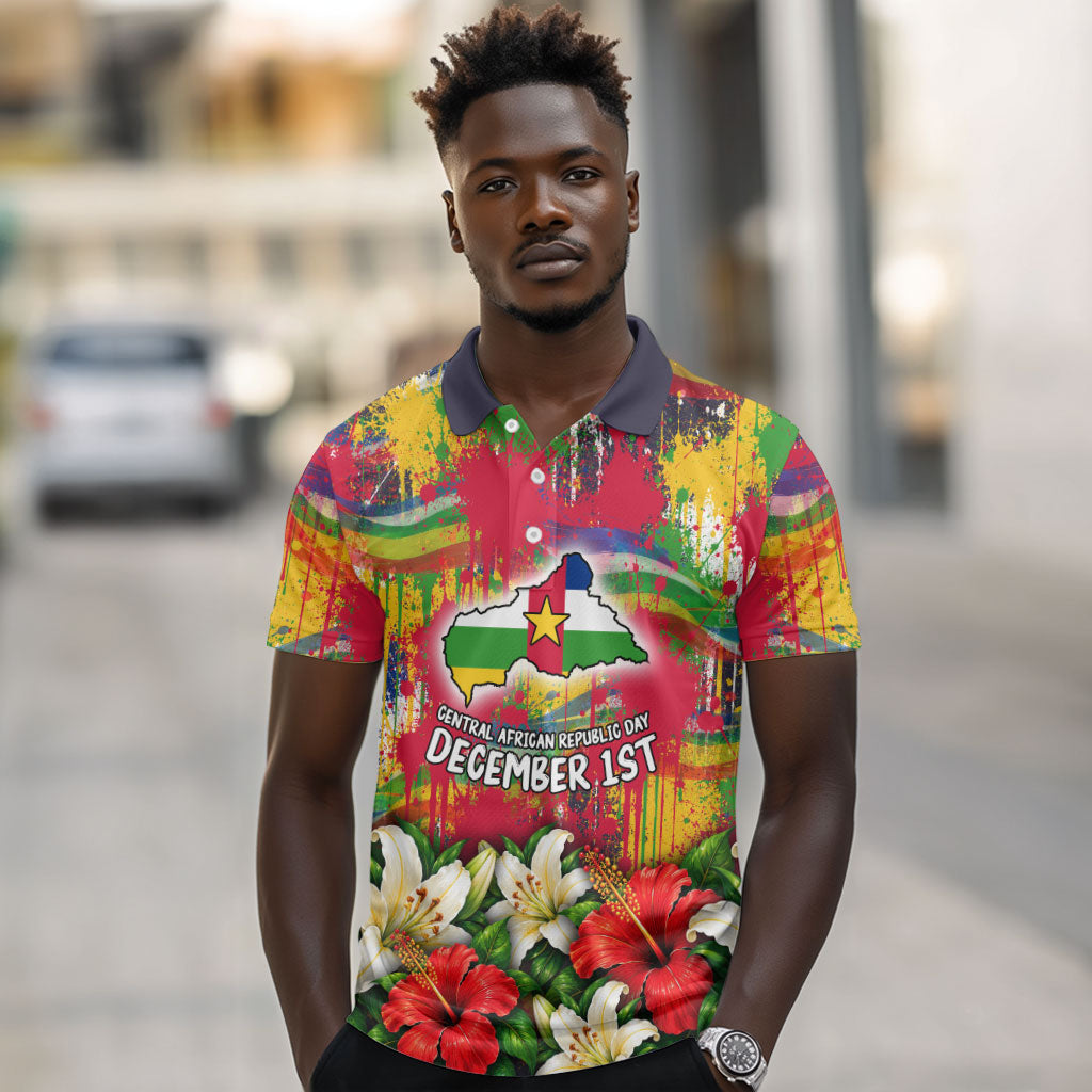 Central African Republic Day Polo Shirt Elephant Colorful Paint Splatter Map Tropical Flowers
