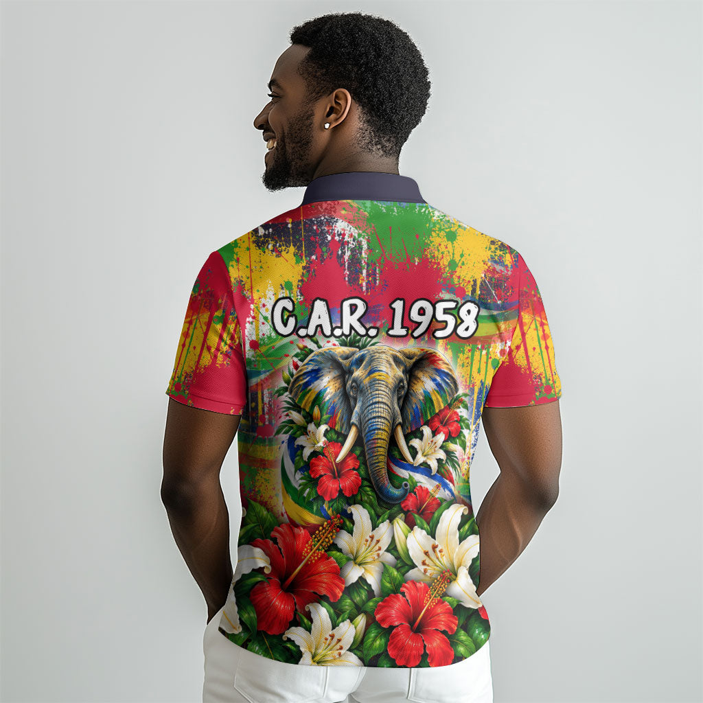 Central African Republic Day Polo Shirt Elephant Colorful Paint Splatter Map Tropical Flowers