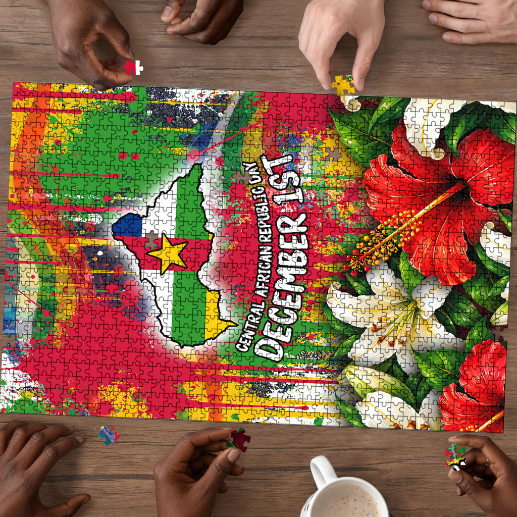 Central African Republic Day Puzzle Elephant Colorful Paint Splatter Map Tropical Flowers