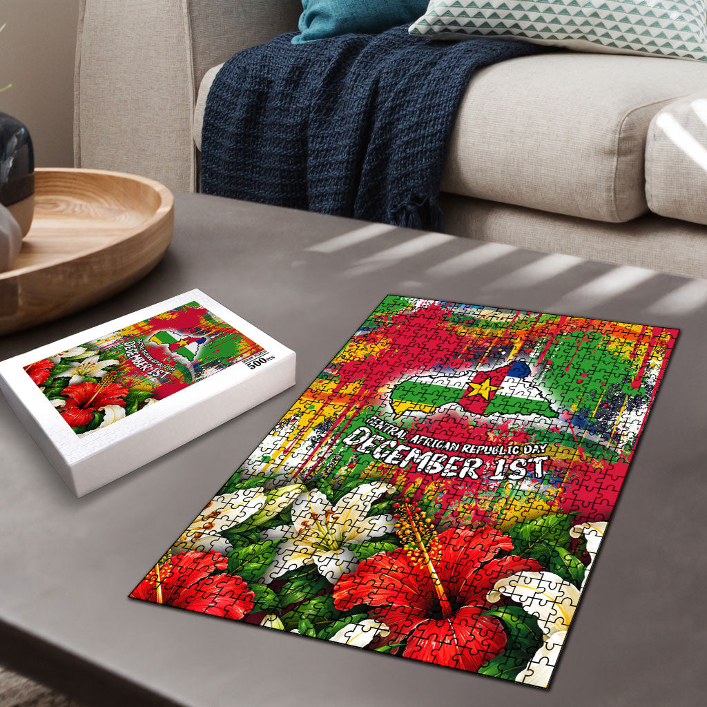 Central African Republic Day Puzzle Elephant Colorful Paint Splatter Map Tropical Flowers