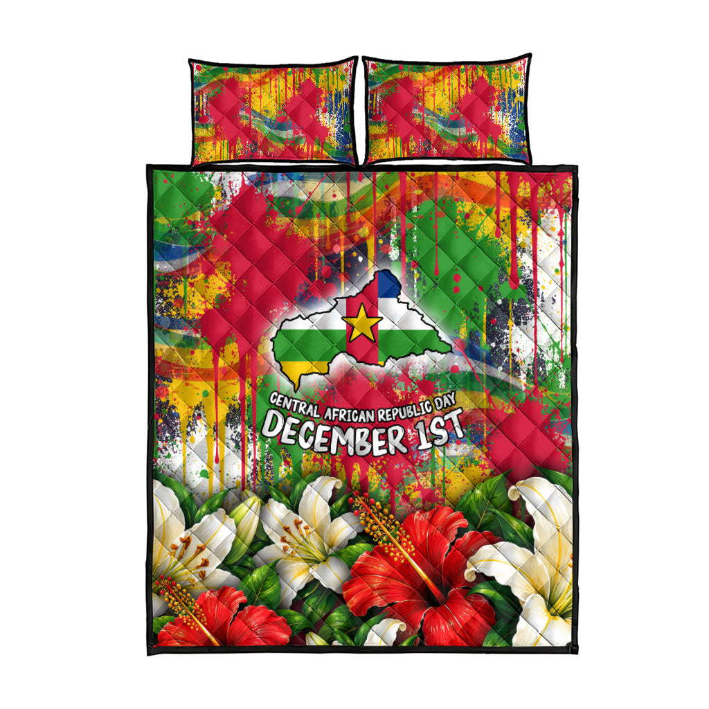 Central African Republic Day Quilt Bed Set Elephant Colorful Paint Splatter Map Tropical Flowers