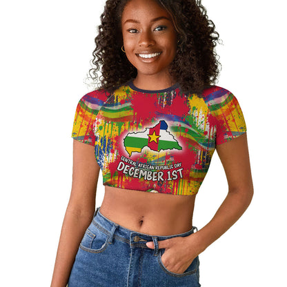 Central African Republic Day Raglan Cropped T shirt Elephant Colorful Paint Splatter Map Tropical Flowers