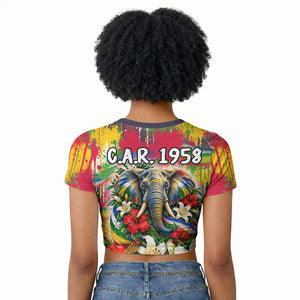 Central African Republic Day Raglan Cropped T shirt Elephant Colorful Paint Splatter Map Tropical Flowers