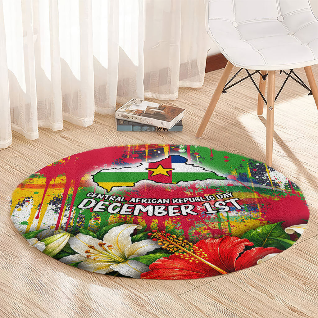 Central African Republic Day Round Carpet Elephant Colorful Paint Splatter Map Tropical Flowers