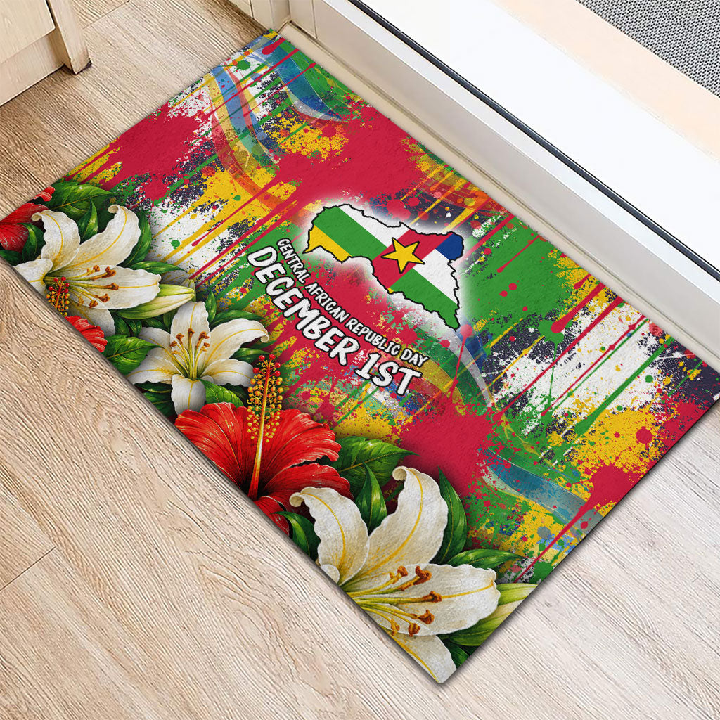 Central African Republic Day Rubber Doormat Elephant Colorful Paint Splatter Map Tropical Flowers