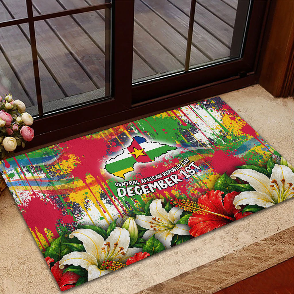 Central African Republic Day Rubber Doormat Elephant Colorful Paint Splatter Map Tropical Flowers
