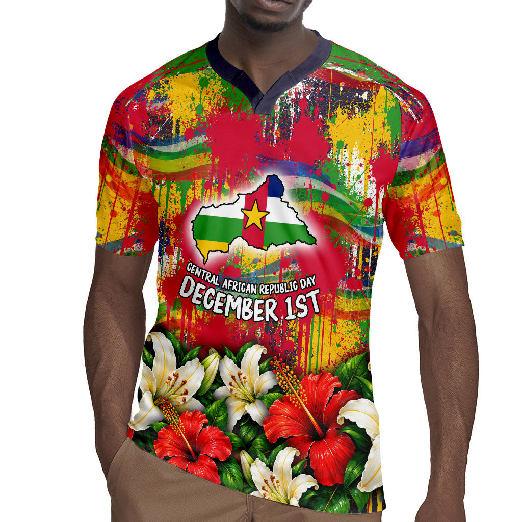 Central African Republic Day Rugby Jersey Elephant Colorful Paint Splatter Map Tropical Flowers