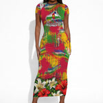 Central African Republic Day Short Sleeve Bodycon Dress Elephant Colorful Paint Splatter Map Tropical Flowers