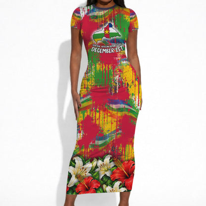 Central African Republic Day Short Sleeve Bodycon Dress Elephant Colorful Paint Splatter Map Tropical Flowers