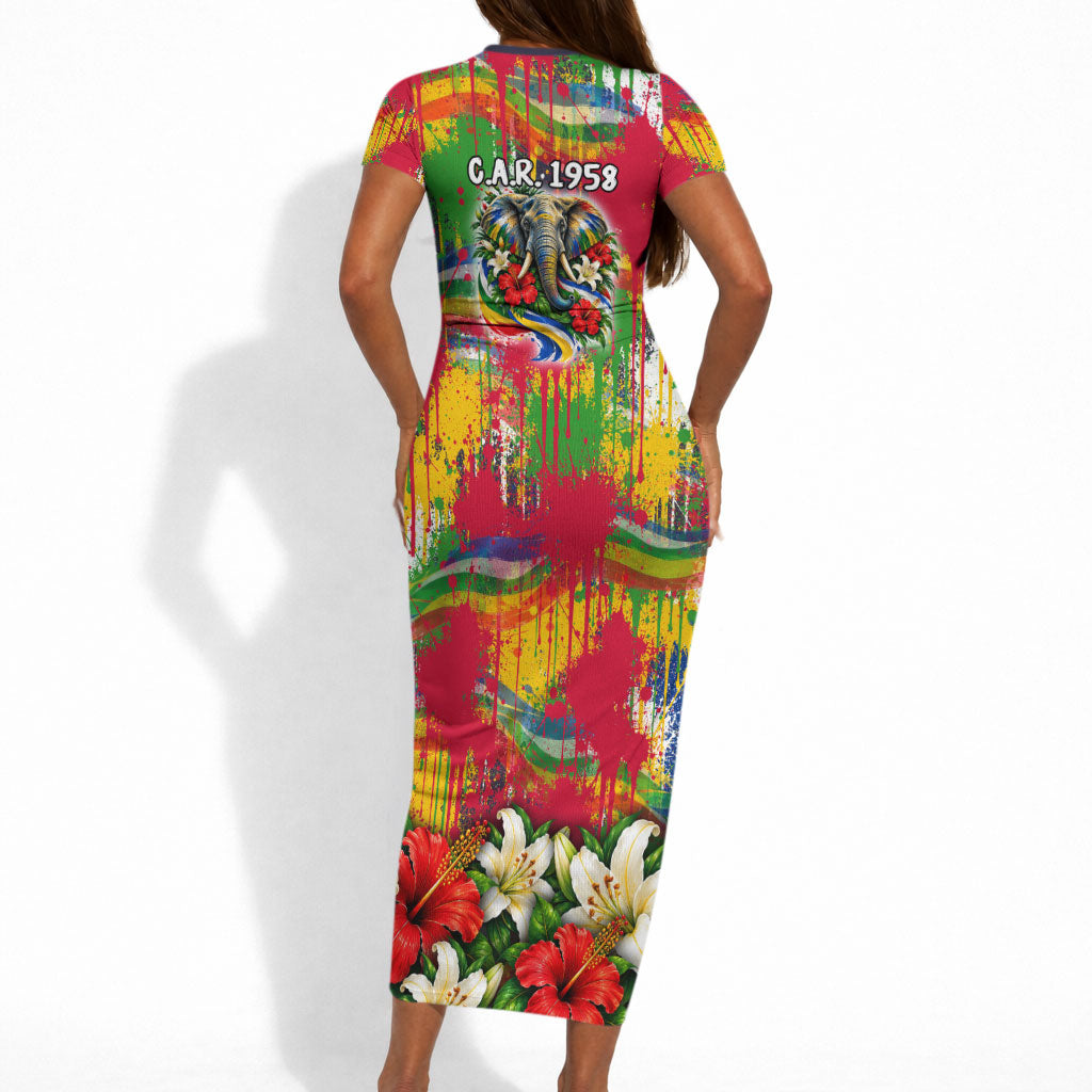 Central African Republic Day Short Sleeve Bodycon Dress Elephant Colorful Paint Splatter Map Tropical Flowers