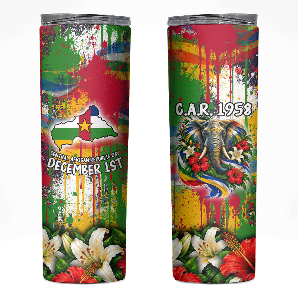 Central African Republic Day Skinny Tumbler Elephant Colorful Paint Splatter Map Tropical Flowers