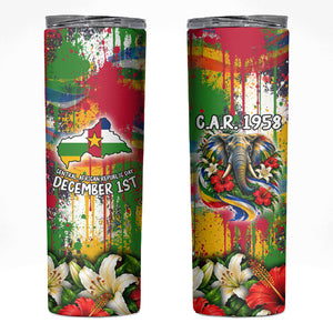 Central African Republic Day Skinny Tumbler Elephant Colorful Paint Splatter Map Tropical Flowers
