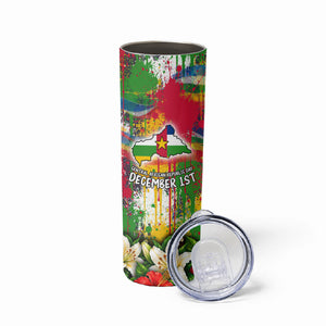 Central African Republic Day Skinny Tumbler Elephant Colorful Paint Splatter Map Tropical Flowers