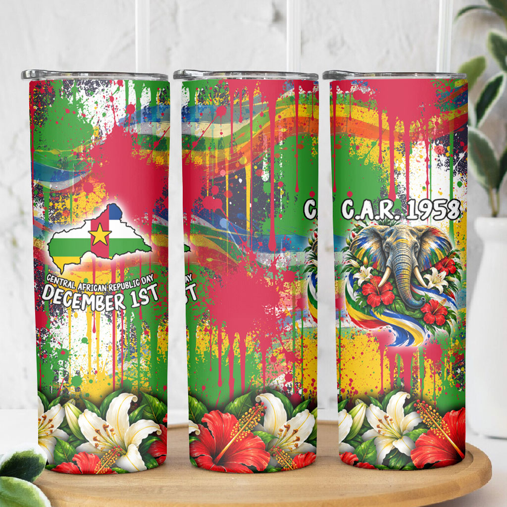 Central African Republic Day Skinny Tumbler Elephant Colorful Paint Splatter Map Tropical Flowers