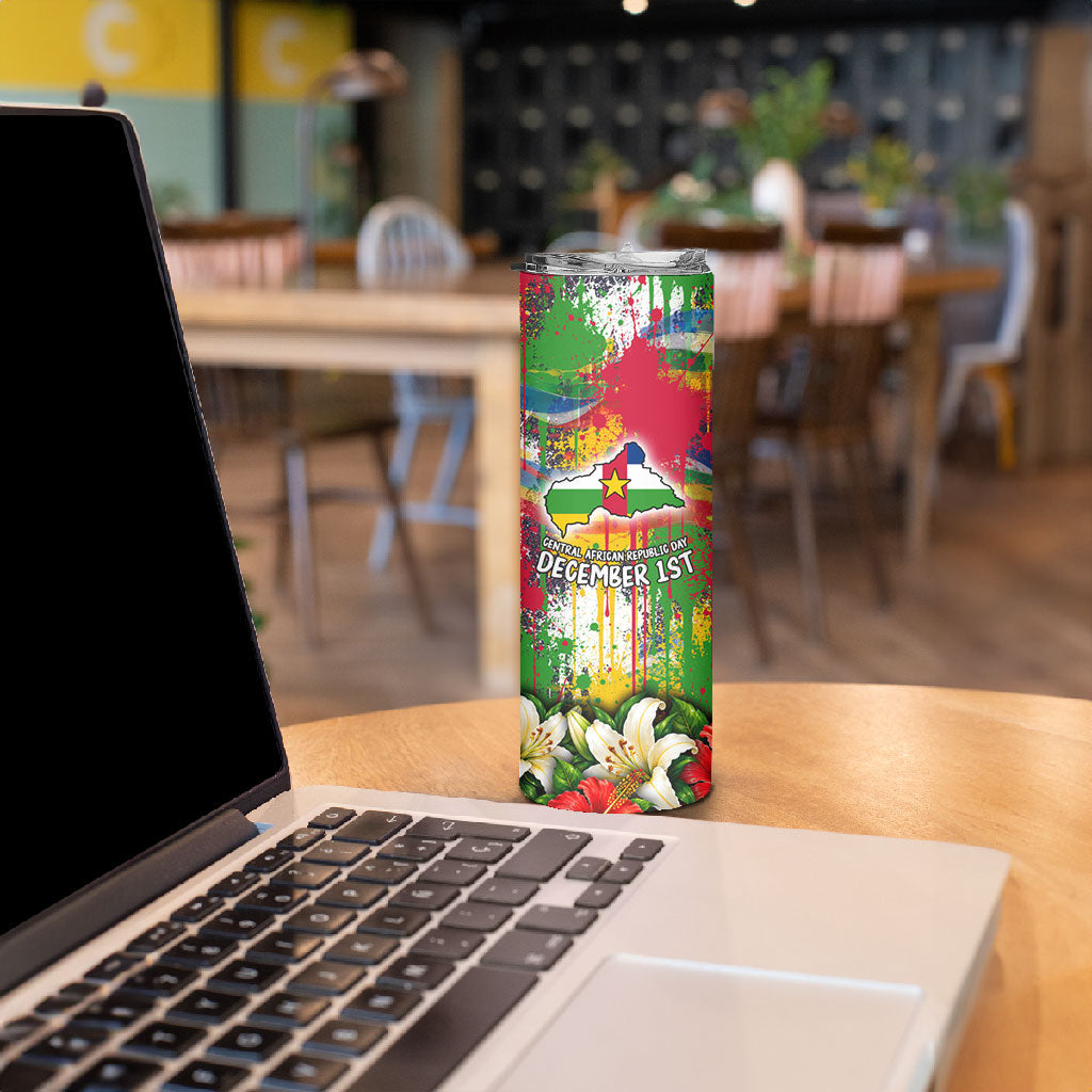 Central African Republic Day Skinny Tumbler Elephant Colorful Paint Splatter Map Tropical Flowers