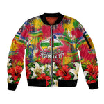 Central African Republic Day Sleeve Zip Bomber Jacket Elephant Colorful Paint Splatter Map Tropical Flowers